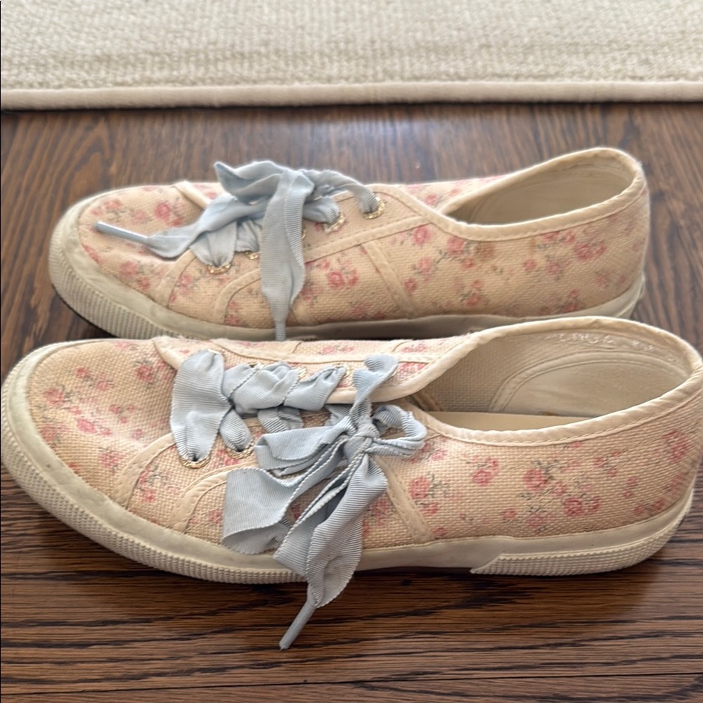 LoveShackFancy X Superga Pink Floral Canvas Sneakers with Ribbon Laces